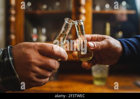 Close up on hands of two unknown men toasting with traditional serbian drink plum brandy rakija slivovitza holding glass called cokance at home Stock Photo