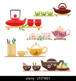Chinese tea ceremony flat vector icons. Tea chinese, ceremony drink tea, cup of tea, green tea, drink hot tea illustration Stock Vector