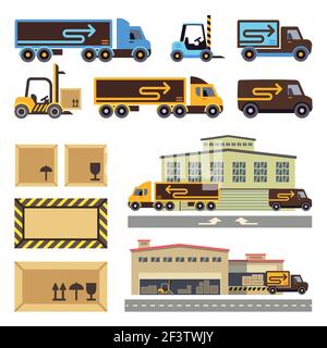Warehouse building and transportation vehicles flat vector icons set. Building warehouse, business transportation, warehouse transportation, delivery Stock Vector