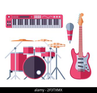 Vector musical instruments flat icons for musical group. Guitar synthesizer and drum with microphone for musical band illustration Stock Vector