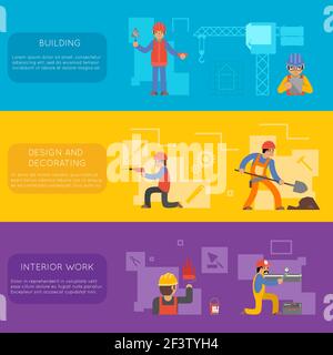 Engineer construction industrial vector flat banner set. Constructions building industry illustration Stock Vector