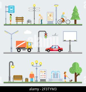 Urban landscape set. Vector cityscape or street landscapes set with people and city items. Infrastructure, transportation, signboard Stock Vector