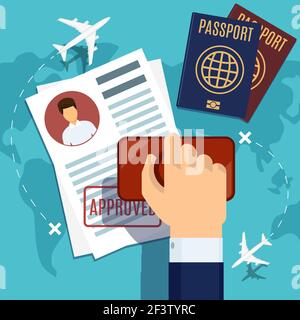 Visa stamping. Passport or visa application. Travel immigration stamp, vector illustration Stock Vector