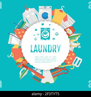 Laundry service poster design. Laundry icons circle label with text. Service and laundry, machine wash laundry, household appliance laundry. Vector il Stock Vector