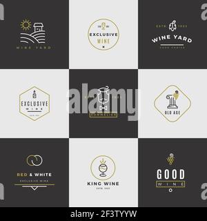 Wine card vector logo set. Alcohol menu emblems with bottles and glasses Stock Vector