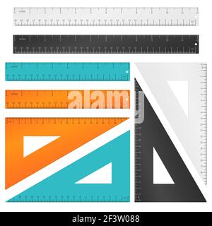 Rulers and triangle with inches, centimeters and millimeters scale. Vector set. Tool education, millimeter ruler, measurement ruler instrument, school Stock Vector