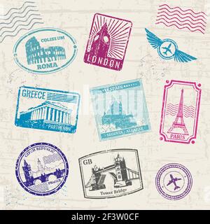 Travel stamps with Europe countries landmarks. Landmark europe, stamp europe landmark, tourism landmark country illustration. Vector collection Stock Vector