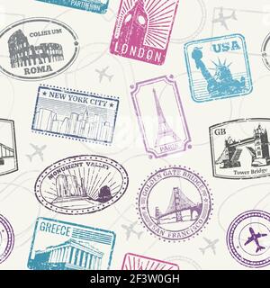 Famous world monuments, landmarks vector seamless pattern Stock Vector