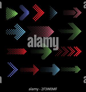 Color dotted arrow vector icons with halftone effect. Arrow dot, arrow direction, web point arrow, digital pointer icon arrow illustration Stock Vector