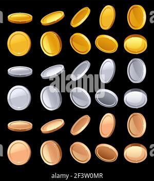 Gold, silver, and copper coins in different positions. Coin gold and coin silver. Vector illustration set Stock Vector