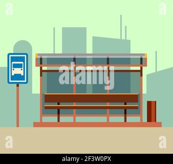 Bus stop in city landscape. City landscape station bus, stop station, public stop station transport. Vector flat illustration Stock Vector