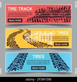 Tire tracks vector banners set. Banner tire track, dirty messy track banner, mud trail track banner illustration Stock Vector