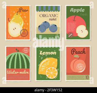 Fruit retro posters or retro fruit labels. Fruit poster with natural fruit food. Vector illustration Stock Vector