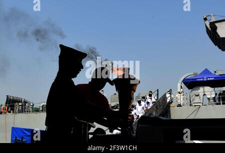 Kolkata, India. 17th Mar, 2021. Indian navy celebrates Swarim Vijay Varsh. Indian Naval Ship is visiting the different port of India. 1971 Indo-Pak War Swarnim Vijay Varsh victory flame received at Kolkata. (Photo by Suvrajit Dutta/Pacific Press) Credit: Pacific Press Media Production Corp./Alamy Live News Stock Photo