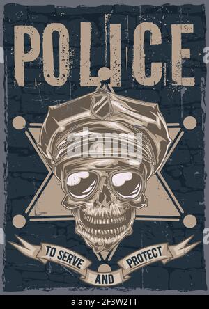Poster label design with illustration of skull in a police hat and sunglasses Stock Vector