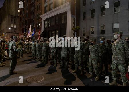 New York, United States. 17th Mar, 2021. Members of 69th National Guards Regiment prepare for St. Patrick' Day Parade along Madison Avenue. This year parade was significantly scaled down because of pandemic, only members of National Guards and VIP guests from St. Patrick's Day Parade were invited to participate. Mayor Bill de Blasio was marching as well. (Photo by Lev Radin/Pacific Press) Credit: Pacific Press Media Production Corp./Alamy Live News Stock Photo
