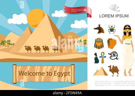 Flat Egypt tourist concept with pyramids camels palms sphinx in desert and different egyptian traditional symbols vector illustration Stock Vector