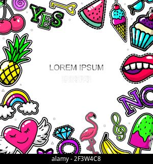 Comic fashion patches concept with fruits cake ice cream treble clef rainbow cherry ring flamingo key mouth heart yes and no words vector illustration Stock Vector