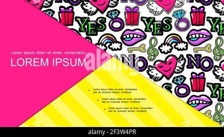 Pop art stickers and patches composition with gift box ring mouth heart treble clef key rainbow yes and no words vector illustration Stock Vector