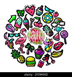 Pop art colorful patches round concept with arrow heart cake key cherry donut rainbow lollipop fruits flamingo burger palm cocktail eyeglasses vector Stock Vector