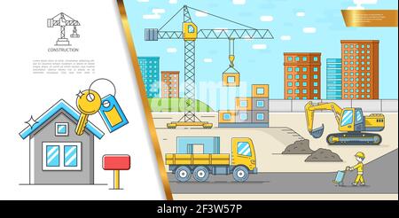 Colorful construction site concept with truck excavator crane buildings builder new house and keys in linear style vector illustration Stock Vector