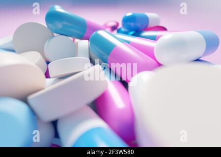 3d illustration close-up Pink, green, white, yellow pills on a blurred background. Colorful pills with capsules. Stock Photo