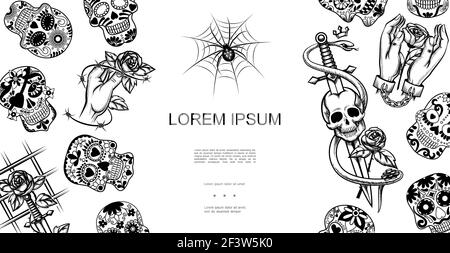 Monochrome hand drawn tattoo symbols template with sugar skulls hand holding rose flower snake around sword dagger spider and web vector illustration Stock Vector