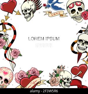 Hand drawn tattoo symbols colorful template with different human skulls snake around sword rose flowers swallow hearts pierced with dagger and arrows Stock Vector