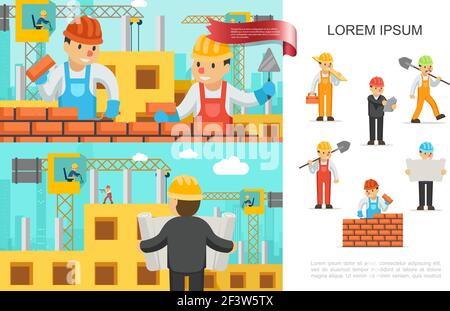 Flat construction industry colorful concept with builders build brick wall engineer people working on construction cranes vector illustration Stock Vector