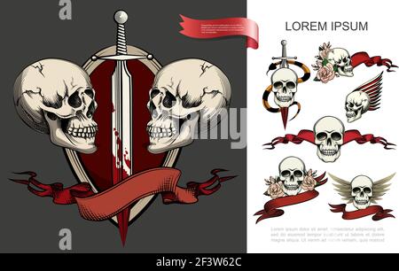 Hand drawn tattoo symbols composition with different human skulls rose flowers red ribbons snake around sword dagger in blood vector illustration Stock Vector