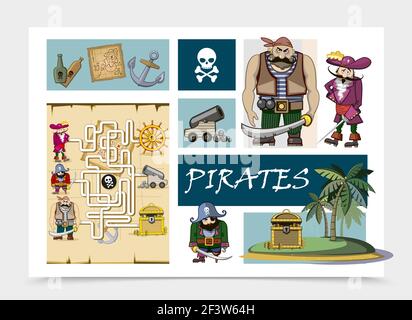 Labyrinth maze game cartoon pirates and captain fastfood characters on ...