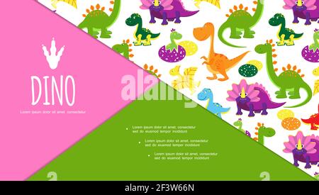 Flat cute funny dinosaurs composition with different prehistoric reptiles and lizards vector illustration Stock Vector