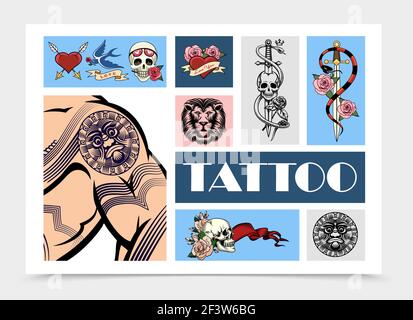 Hand drawn tattoo elements set with tattooed man body skulls heart pierced with arrows swallow lion head snake around sword rose flowers vector illust Stock Vector
