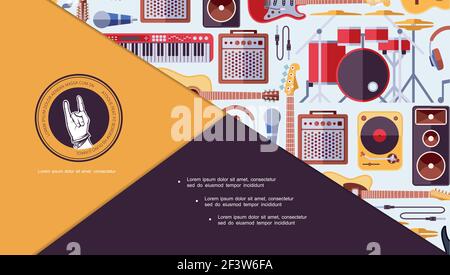 Flat musical instruments colorful composition with guitars drum kit audio speakers vinyl player microphone headphones synthesizer vector illustration Stock Vector