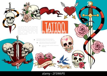 Hand drawn tattoo elements composition with human skulls sword in blood snakes rose flowers swallow ribbons heart pierced with arrows vector illustrat Stock Vector