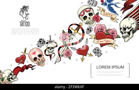 Hand drawn tattoo elements concept with human skulls snake swords rose flowers swallow hearts pierced with dagger and arrows vector illustration Stock Vector