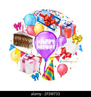 Realistic happy birthday round concept with colorful balloons bows present boxes piece of cake party hat confetti invitation and payment cards vector Stock Vector