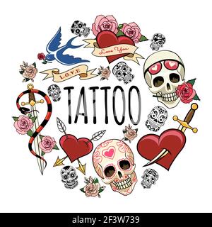 Sketch tattoo symbols round concept with different human and sugar skulls swallow snake around sword rose flowers pierced hearts vector illustration Stock Vector