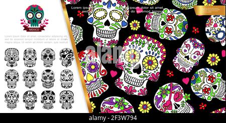 Mexican Day Of The Dead concept with colorful and monochrome style sugar skulls with hearts and floral ornament vector illustration Stock Vector
