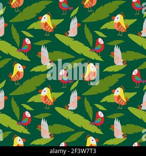 Pattern with tropical parrots and leaves.  Stock Vector