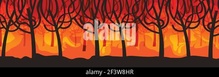 dangerous wildfire bush fire development dry woods burning trees global warming natural disaster concept intense orange flames horizontal Stock Vector