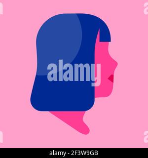 Young woman face profile side view in modern flat cartoon style. Pink girl head on isolated background. Stock Vector