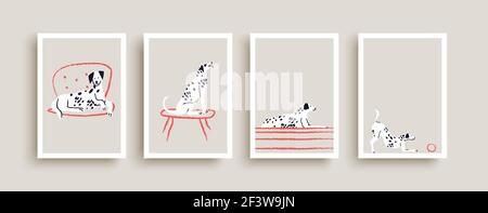 Cute dalmatian dog pet illustration collection doing funny poses. Hand drawn cartoon puppy playing at home in flat handmade doodle style. Stock Vector