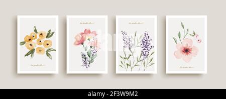Beautiful watercolor flower bouquet illustration collection with french language text quote. Nature art set for spring season concept, wedding invitat Stock Vector