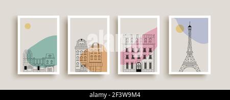 Cute french city houses and eiffel tower doodle illustration collection. Traditional european architecture building with colorful abstract shape. Home Stock Vector