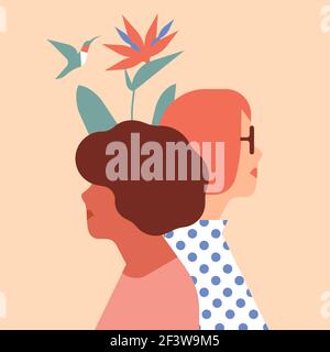 Two diverse young women together eith paradise flower and hummingbird in modern flat cartoon style. Woman team concept on isolated background. Stock Vector