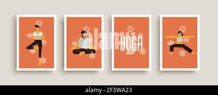 Yoga pose concept poster illustration collection. Happy flat cartoon men and women character set doing different relaxation position exercise. Stock Vector