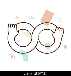 People hands holding each other arms in infinite loop symbol. Business teamwork idea concept or social help design. Modern flat outline style cartoon Stock Vector