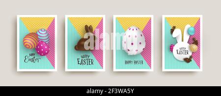 Happy easter greeting card illustration set. Colorful 3d decoration with chocolate rabbit and eggs. Modern children holiday event invitation collectio Stock Vector