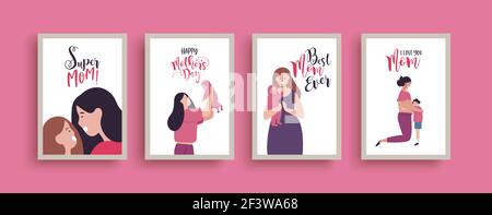 Happy mother's day holiday event greeting card illustration set. Cute mom and children lifestyle frame collection with funny text quotes. Modern flat Stock Vector